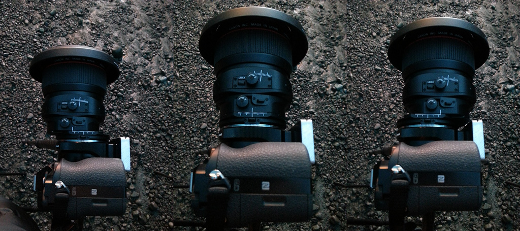 The three positions on the lens. Using the shifting ability produces seamless panoramas, for extra width and resolution.