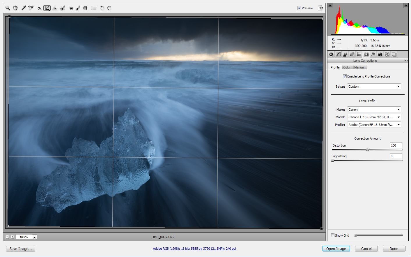 The lens-correction tool parameters, cropping and aligning the image.