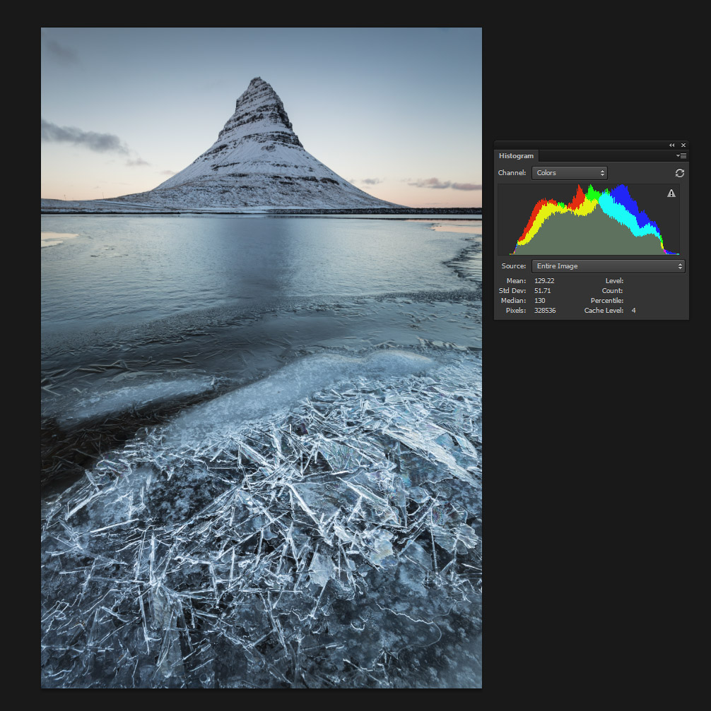 The initial histogram, lacking in darks.