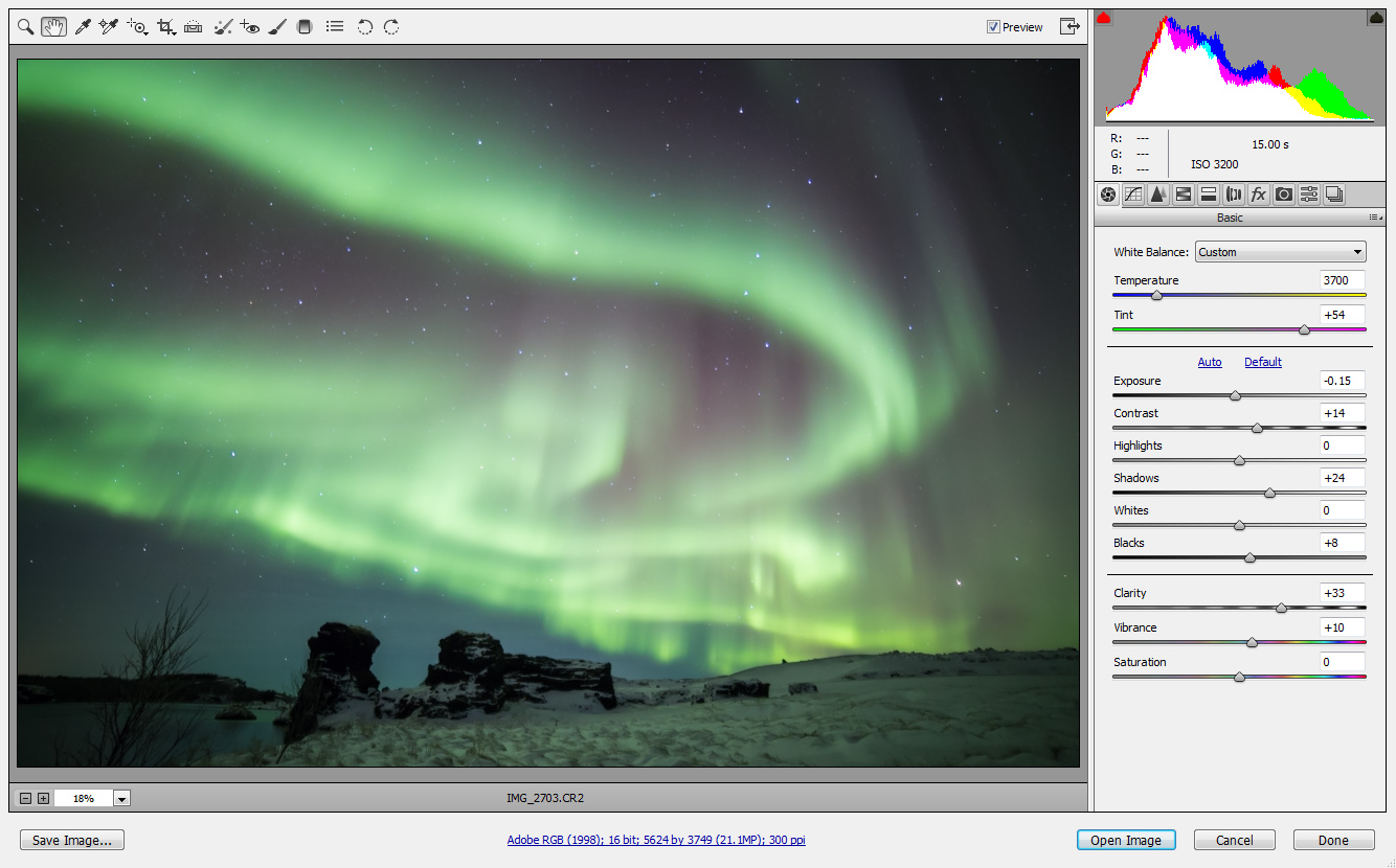 Next, I corrected the WB to have the image look more like reality, and also performed several adjustments to the exposure, contrast, clarity and vibrance. The clarity adjustment is meant to make the Aurora lines more distinguished, thus somewhat compensating for their movement.