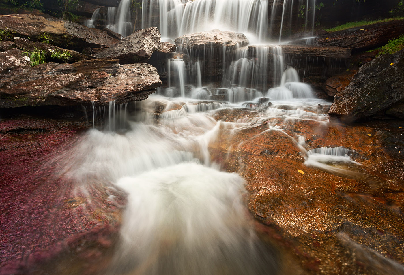 Caño Cristales is one of the most beautiful places I visited in South America, and it's well off the photographers' path. It's packed full of amazing waterfalls and multiple other features, and there are thousands of original compositions waiting to be made there. <br>Canon EOS 5D Mark III , Canon 17–40mm f/4, f/10, 2 sec, ISO 100 <br>Caño Cristales, Colombia