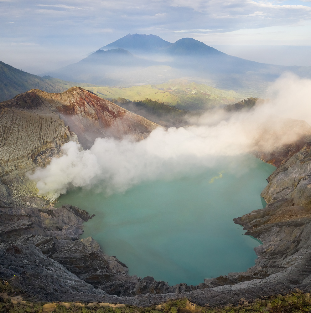 A aerial view of Kawah Ijen. Vertical panorama from 2 shot, taken with DJI Mavic II Pro. The panorama allowed me to capture the entirety of the lake as my foreground, creating a better framing. Shot using a circular polarizer kindly supplied by Polar Pro.