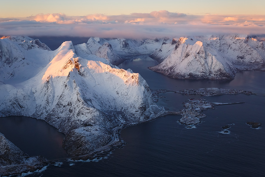 Kjerkfjord, surrounded by mountains struck by beautiful pink light. Shot from a Cessna during sunset on my Lofoten Islands workshop this January.