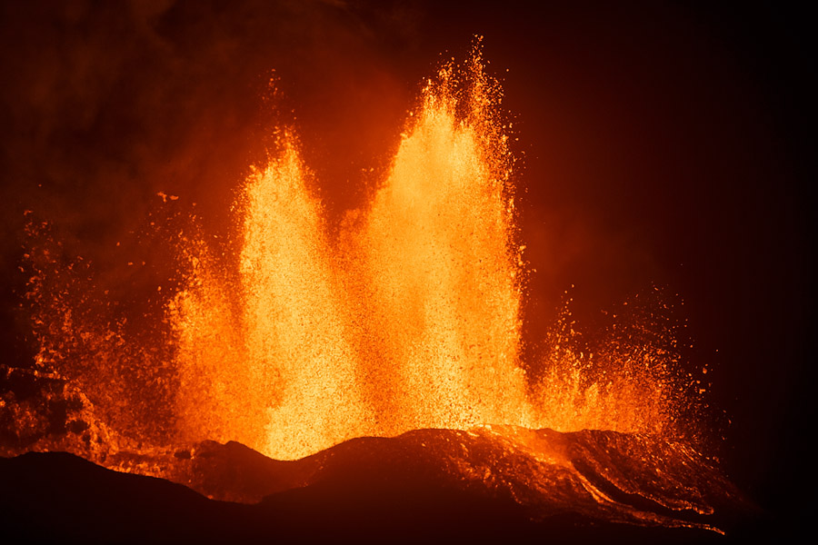 Magma shooting 70 meters high out of Baugur crater, Holuhraun, Iceland. Volcanic eruptions change the landscape very quickly, and sometimes extremely.