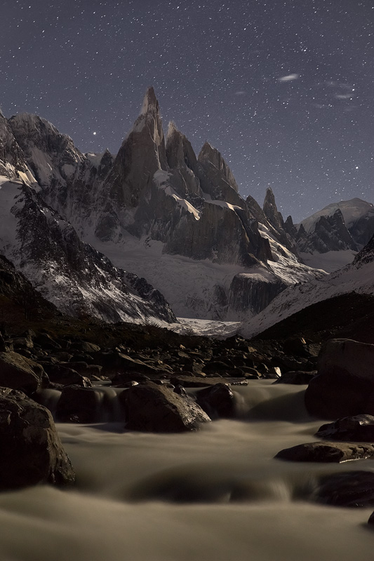 'Night of the Three', Parque Nacional Los Glaciares, Argentinian Patagonia, April 2014. It's much rarer to see images of Cerro Torre under moonlight compared to sunrise or sunset.