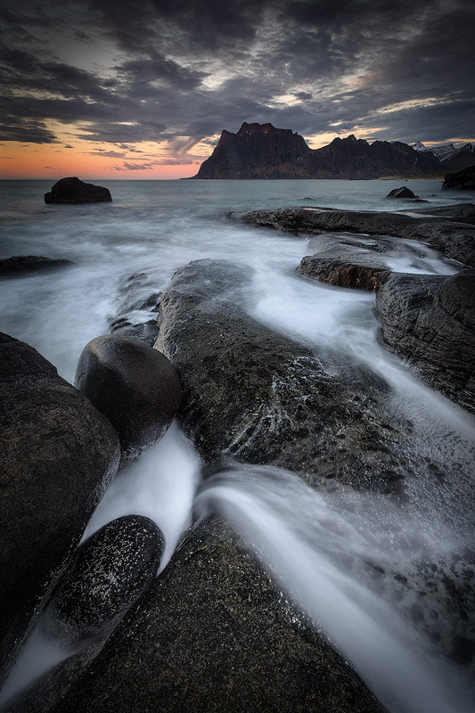 Utakleiv hosts a mind-boggling variety of compositional opportunities. Here, I shot the water's motion over the slippery rock, worn over eons by the waters of the Atlantic.